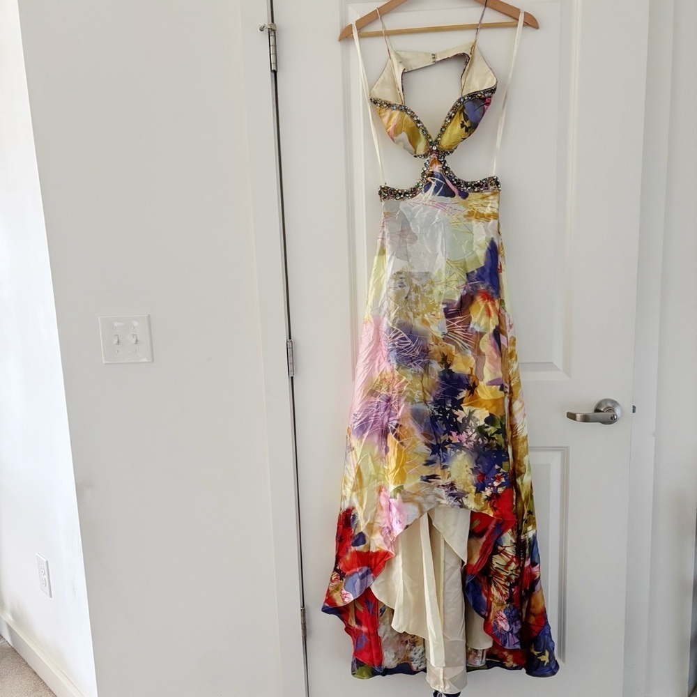 Dolce Jovani Silk Watercolor Floral Embellished Rhinestone High Low Dress Y2K
